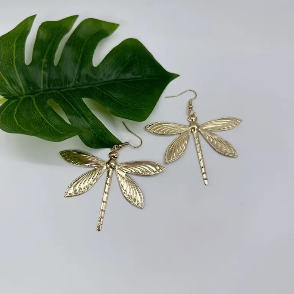 Gold Plated Dragonfly Earrings - Picture 3 of 4